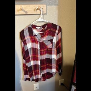 Maurices Red Plaid Button Up Shirt, with back button up detail, size M